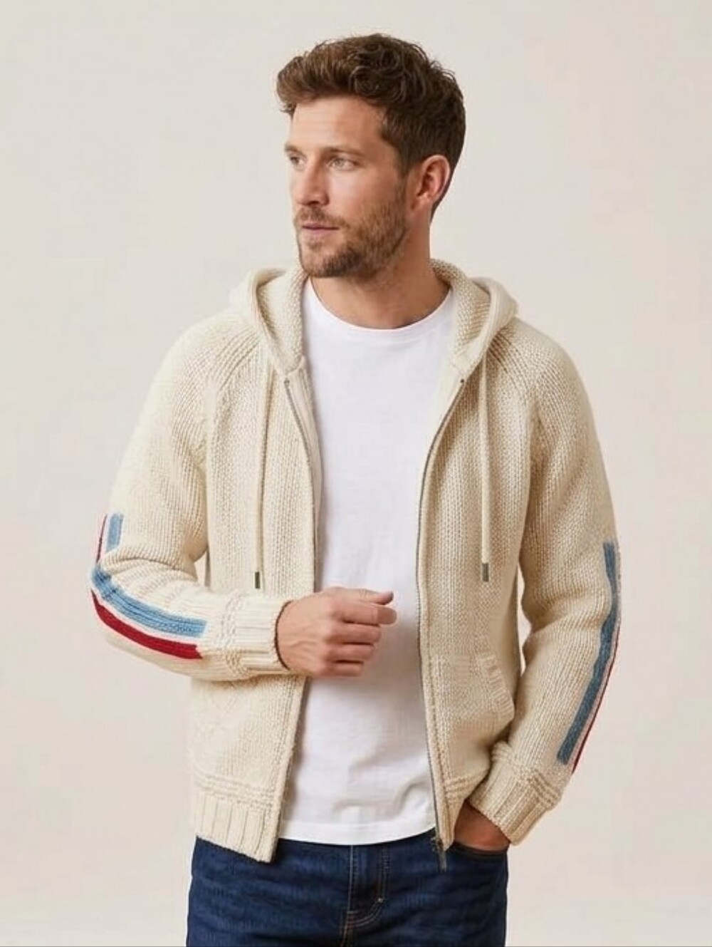 West Coast Vintage Chunky Wool Blend Full Zip Hooded Cardigan Sweater Gorpcore L